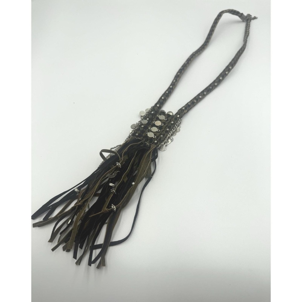Boho Fringe Necklace Braided Strap Coin Dangle Statement Tassel